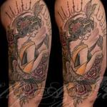 Tattoos - Gypsy lady with roses thigh  - 115548